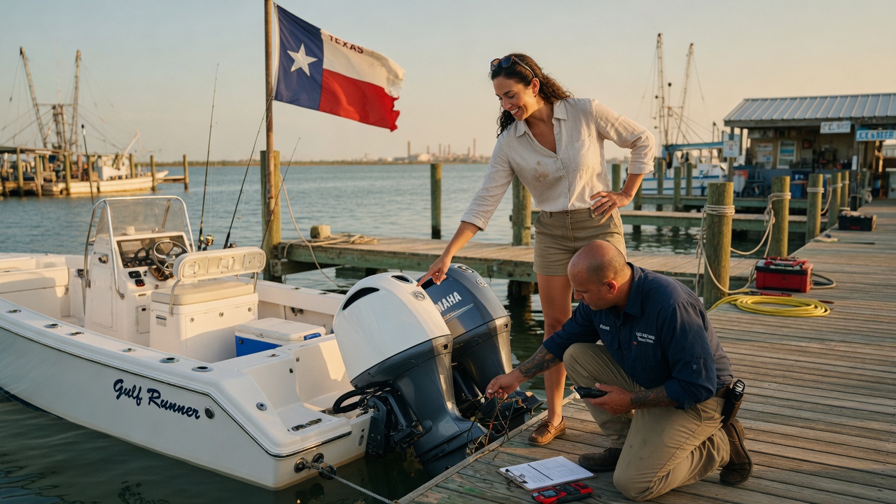 A boat owner on a Texas marina dock while a marine tech inspects her outboards