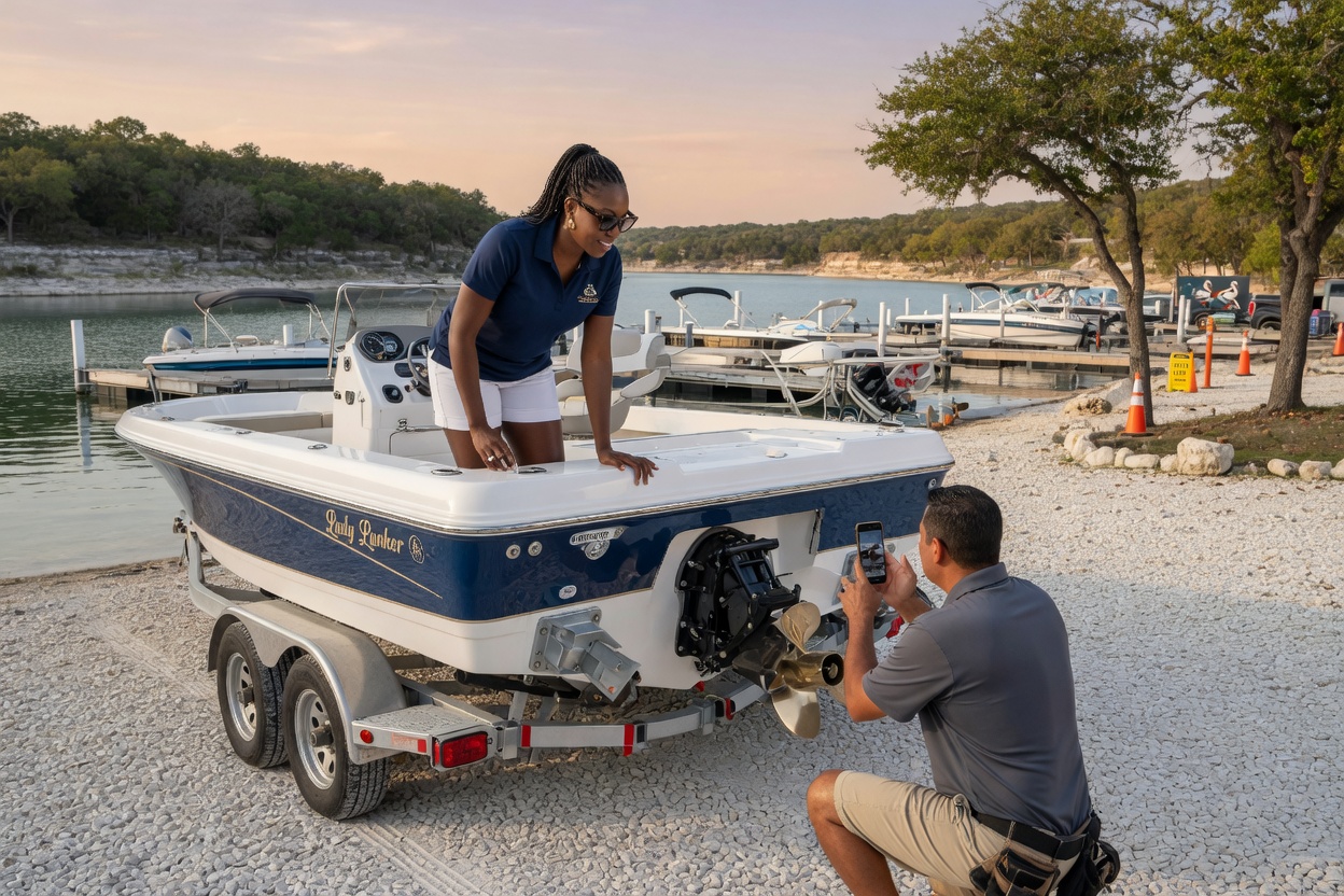 A boat owner on a trailered bay boat while a tech photographs the running gear at a Texas lake