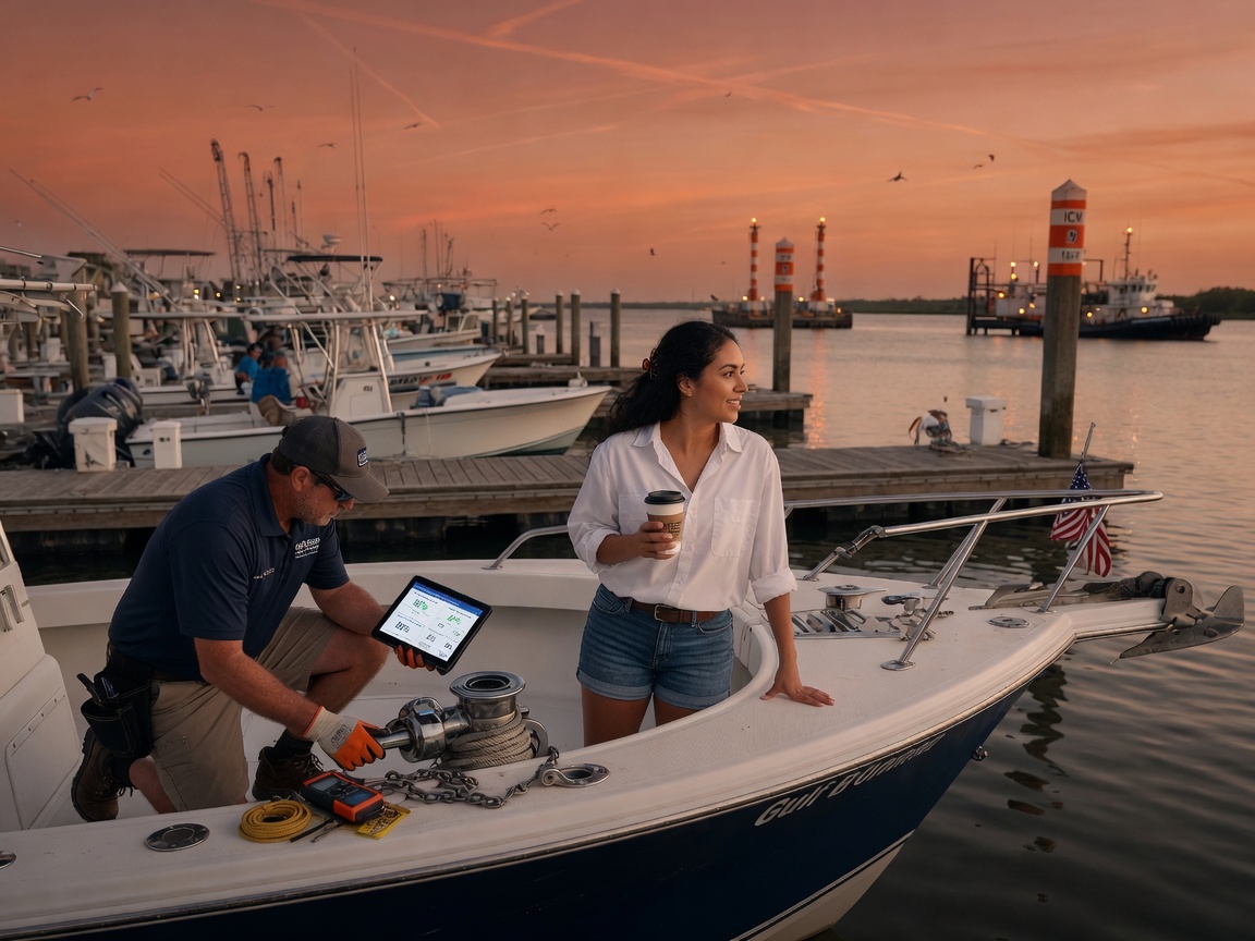 A boat owner watches a technician inspect ground tackle at sunset on a Texas marina