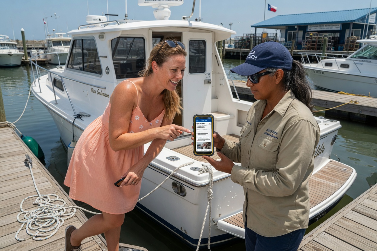 A boat owner reviews the work order on a phone with a marine technician at the transom