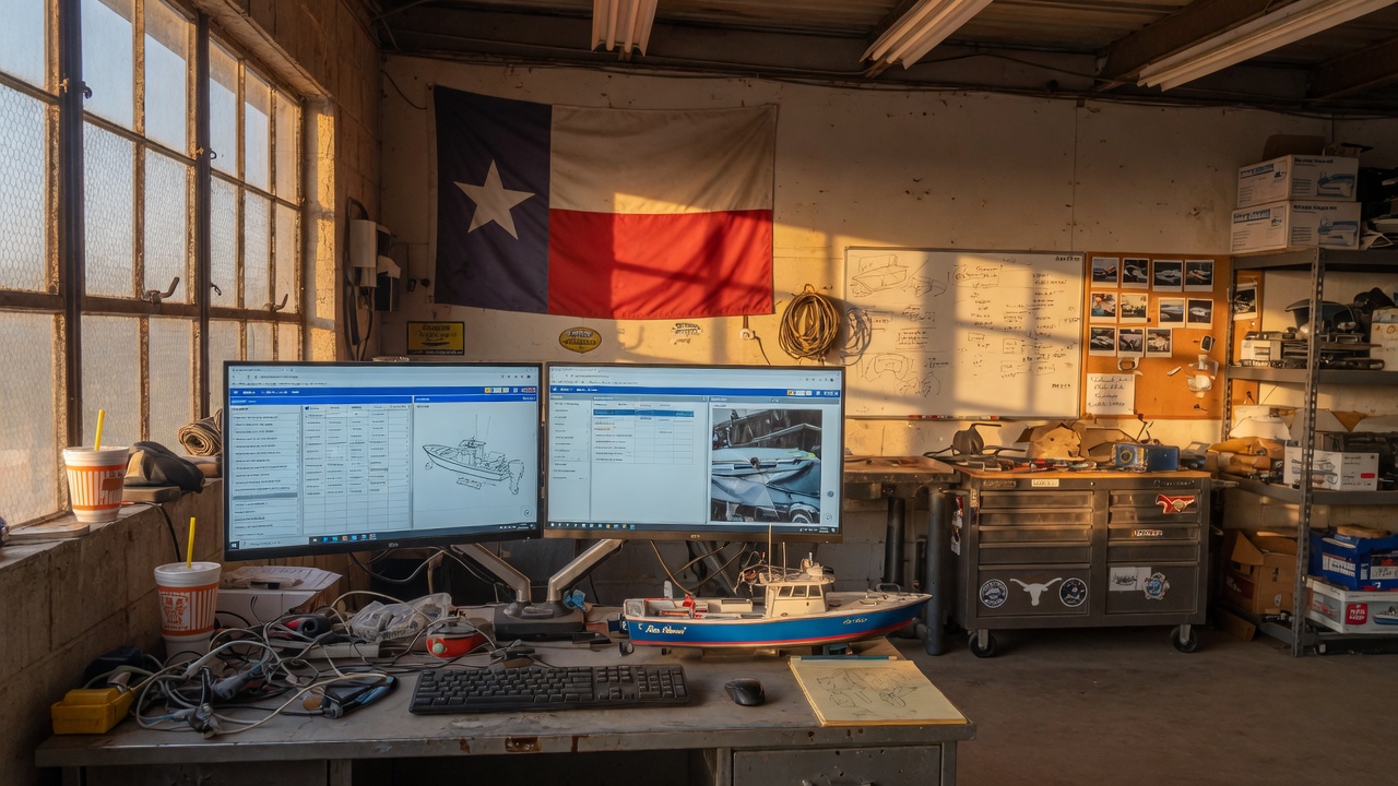 A Texas garage workshop with a Lone Star flag and marine software on the screens