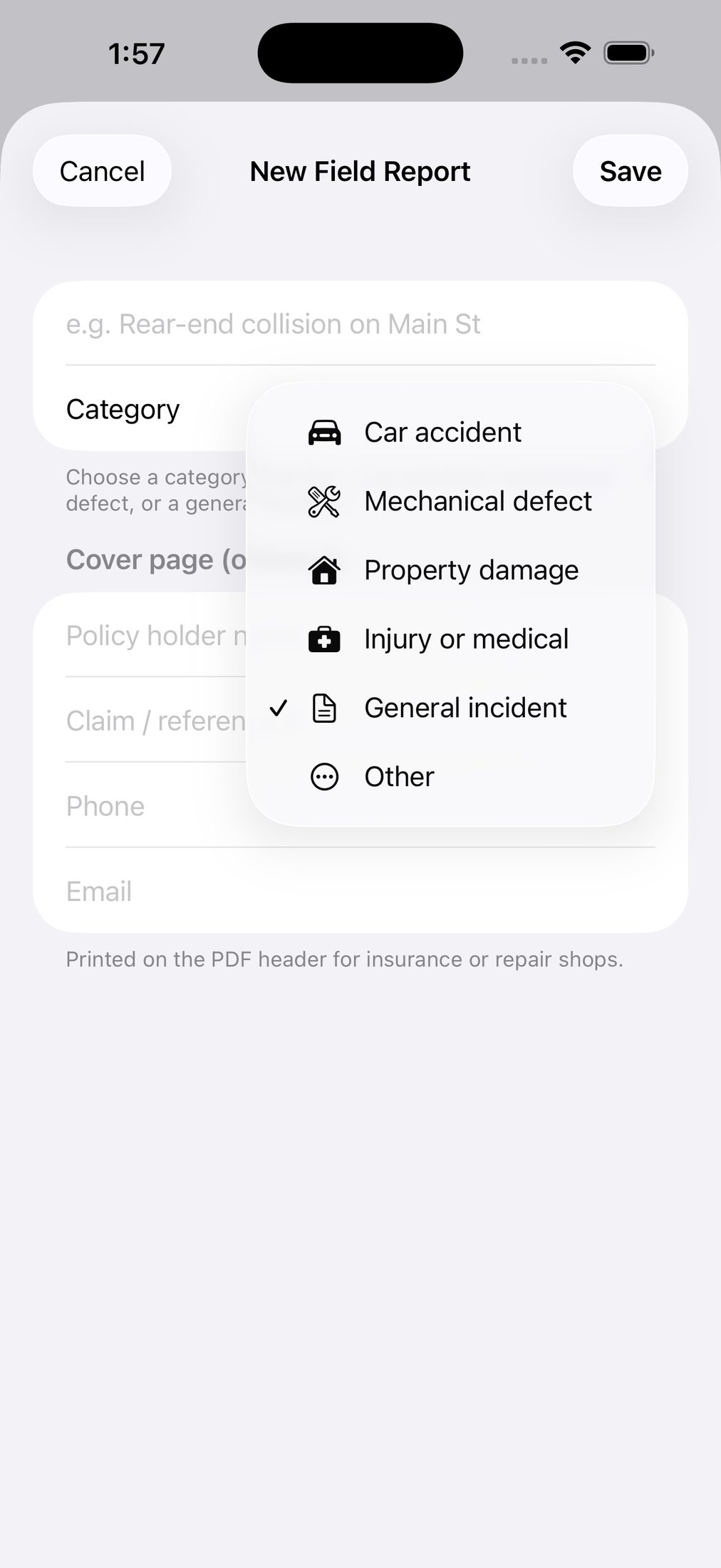 CRSpit field report categories on iPhone