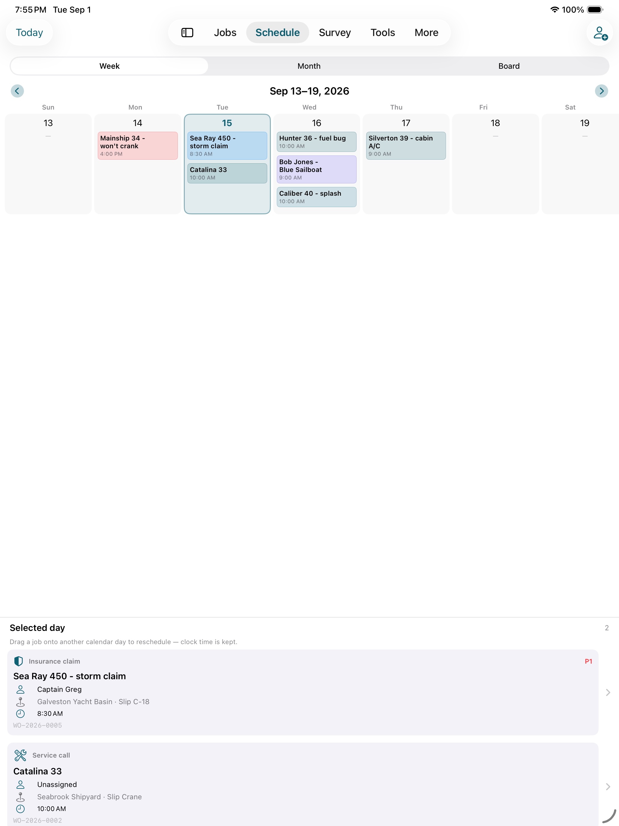 MarineServiceTech schedule board on iPad